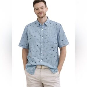 American Threads Men's L Blue Graphic Print Canoes Mountains Button-Up Shirt